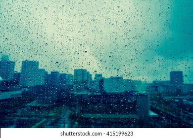 City View Through A Window On A Rainy Day