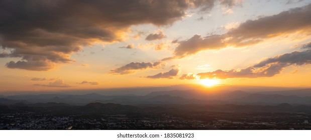 City From The Viewpoint On Top Of The Sunset Behind Mountain Take A Photo Of Loei Thailand From Phu Bo Bit Mountain Peak