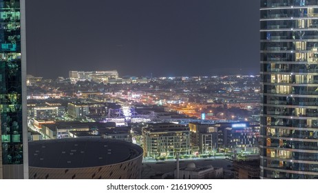 City Walk District Night Timelapse From Above, New Urban Area In Dubai Downtown. Residential Buildings And Shopping Zone Aerial View With Arena And Mosque