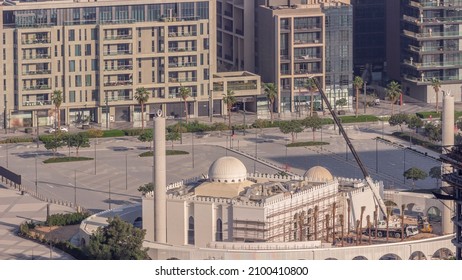 City Walk District Timelapse From Above With New Mosque Under Construction, New Urban Area In Dubai Downtown. Residential Buildings And Shopping Zone Aerial View