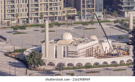 City Walk District Timelapse From Above With New Mosque Under Construction, New Urban Area In Dubai Downtown. Residential Buildings And Shopping Zone Aerial View