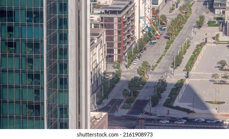 City Walk District Timelapse From Above, New Urban Area In Dubai Downtown. Residential Buildings With Construction Works On Facades And Shopping Zone Aerial View