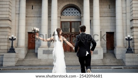 City, walking and back of couple for wedding at town hall for marriage certificate, ceremony and legal matrimony. Holding hands, love and man and woman at court for commitment, promise or partnership
