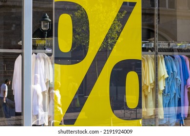 City Your Shopping Time Sale Offers.red Yellow Color Sale Banner Word On Shop Window Glass.percent Sign On Clothes Background.sidewalk Reflection,black Friday,buy Mall Time 