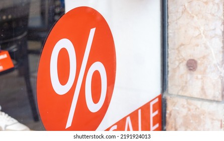 City Your Shopping Time Sale Offers.red Yellow Color Sale Banner Word On Shop Window Glass.percent Sign On Clothes Background.sidewalk Reflection,black Friday,buy Mall Time 