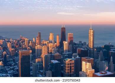 Cityscape Aerial View Of Chicago From Observation Deck At Sunset.