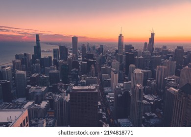 Cityscape Aerial View Of Chicago From Observation Deck At Sunset.