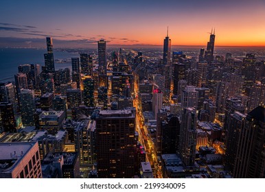 Cityscape aerial view of Chicago from observation deck at sunset - Powered by Shutterstock