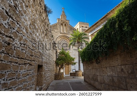 Cityscape of Alcudia withe the town wall and the cathedral, Mallorca, Spain