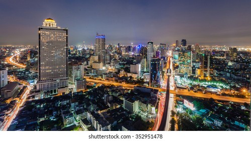 Cityscape Of Bangkok City In Night Time With Bird View