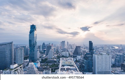 Cityscape Bangkok modern office buildings, condominium in Bangkok city downtown with sunset sky , Bangkok , Thailand