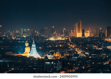 Cityscape of Bangkok night scene with building exterior, buddha in temple and department store glowing in crowded downtown at Thailand - Powered by Shutterstock