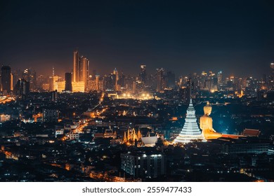 Cityscape of Bangkok night scene with building exterior, buddha in temple and department store glowing in crowded downtown at Thailand - Powered by Shutterstock