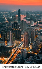 Cityscape, Bangkok Night View In The Business District.