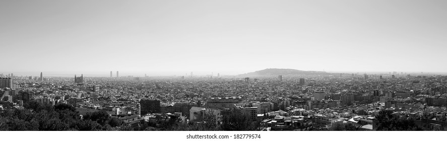 Cityscape Of Barcelona On A Clear Winter Morning. Black And White.