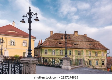 Cityscape with beautiful old buildings and Bridge of lies in historical center of Sibiu town Transylvania, Romania, Europe