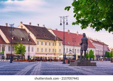 Cityscape with beautiful old buildings on Big Square (Piata Mare) in historical center of Sibiu town Transylvania, Romania, Europe