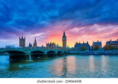 Cityscape Of Big Ben And Westminster Bridge With River Thames At Sunset, London, UK 
