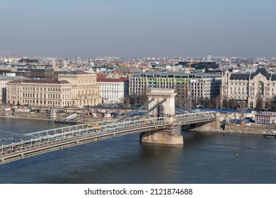 Cityscape of budapest with Szechenyi chain bridge over Danube river under renovation