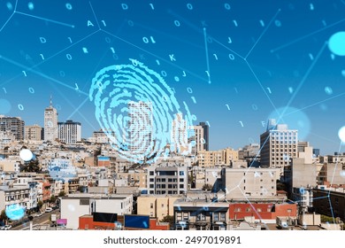Cityscape with buildings and a digital fingerprint overlay. Blue binary code and network connections. Concept of digital security and urban technology integration - Powered by Shutterstock - Get 15% off with code: PIKWIZARD15