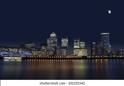 The Cityscape Of Canary Wharf In London At Night.