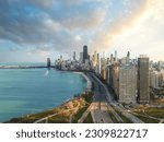 Cityscape of Chicago Skyline aerial skyscrapers view and sea port, vintage colors, Michigan, Chicago, USA