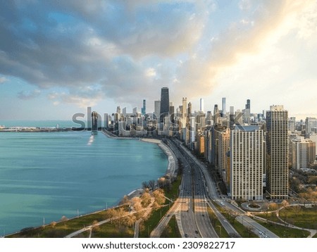 Cityscape of Chicago Skyline aerial skyscrapers view and sea port, vintage colors, Michigan, Chicago, USA