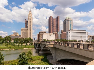 Cityscape Of Columbus, Ohio, Above The Scioto River From Battelle Riverfront Park