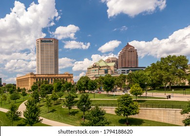 Cityscape Of Columbus, Ohio, Above The Scioto River From Battelle Riverfront Park