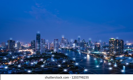 Cityscape with connecting dot technology of smart city conceptual