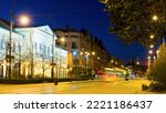Cityscape of Debrecen streets in night lights with motion blur, Hungary
