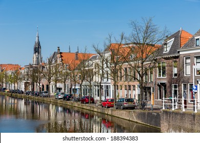 Cityscape of Delft with canal and historic houses, the Netherlands