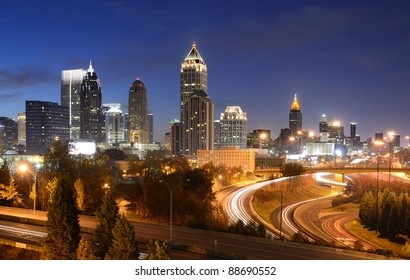 Cityscape Of Downtown Atlanta, Georgia, Usa At Night.