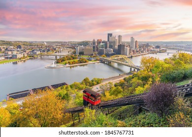 Cityscape Of Downtown Skyline And Vintage Incline In Pittsburgh, Pennsylvania, USA At Sunset