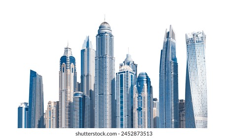 Paisaje urbano de Dubai (Emiratos Árabes Unidos) aislado sobre fondo blanco