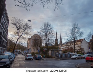 Cityscape In Evening Of Dusseldorf - Usual Small Street And Car Parking Along Roads  -  Autumn Finishing