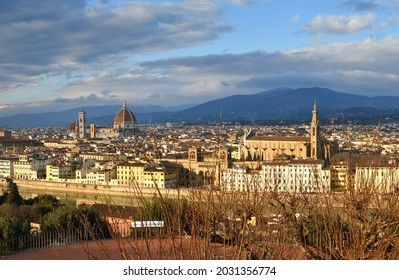 Cityscape of Florence as seen from Piazzale Michelangelo with Cathedral and Basilica of the Holy Cross. Italy
