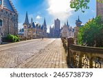 Cityscape of Ghent old town, Gent city historical center with Saint Michael