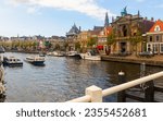 Cityscape of Haarlem, North Holland, Netherlands. View of Spaarne River embankment.