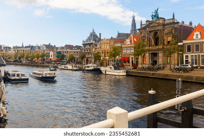 Cityscape of Haarlem, North Holland, Netherlands. View of Spaarne River embankment.