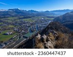 Cityscape of Hallein town with Tennengebirge at the horizon