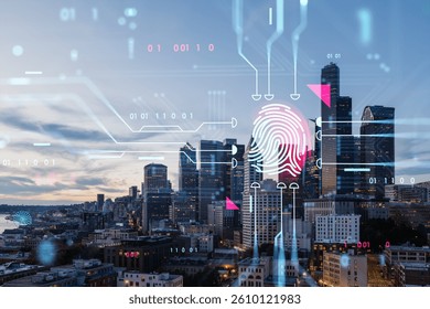 Cityscape with holographic fingerprint overlay, digital cybersecurity concept on an urban background. Double exposure