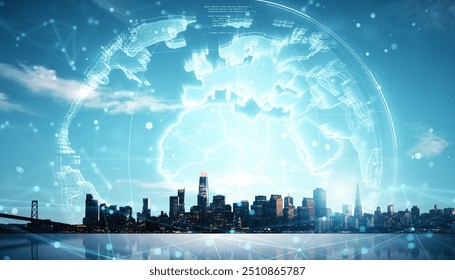 Cityscape with a holographic globe overlay on a blue background. Depicts smart city and technology concepts with a modern skyline - Powered by Shutterstock - Get 15% off with code: PIKWIZARD15