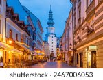 Cityscape image of downtown Bratislava skyline, capital city of Slovakia at sunset