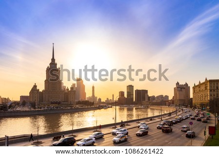 Cityscape and Landscape of downtown Moscow with Modern skyscrapers, office building and Moskva river over Sunrise sky, Moscow City, Russia