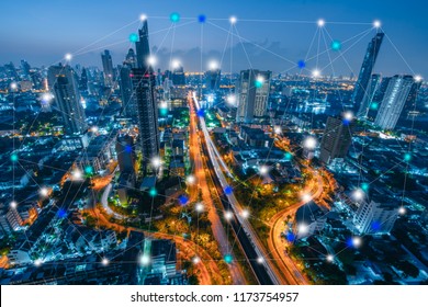  Cityscape And Line Effect  Network Connection Concept,Smart City,Business Concept.