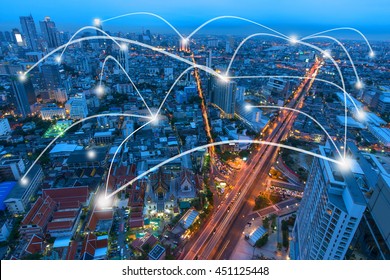 Cityscape And Line Effect Network Connection Concept.