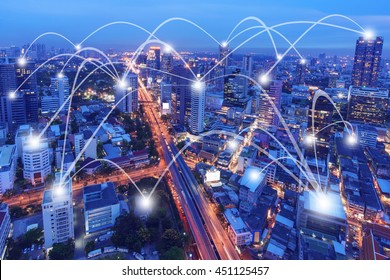 Cityscape And Line Effect Network Connection Concept.