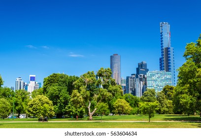 Cityscape Of Melbourne From Kings Domain Parklands In Australia