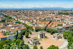 Cityscape Of Milan - Aerial View From The Branca Tower (Torre Branca) Of The Sempione Square (Piazza Sempione), With The Arch Of Peace (Arco Della Pace), Milan Italy